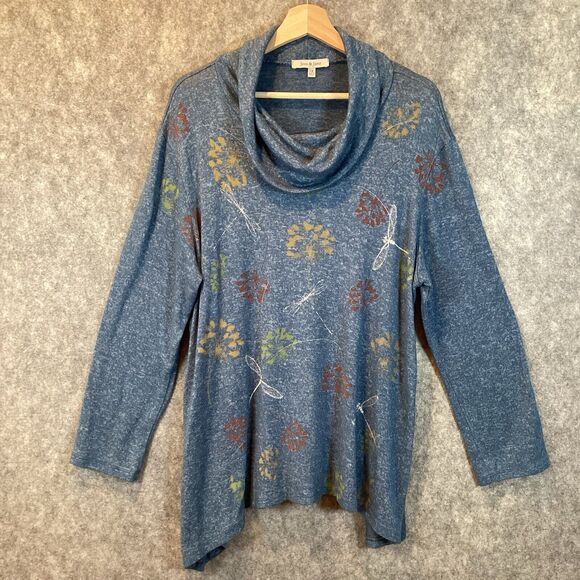 Jess & Jane Top Tunic Women X Large Blue Floral Cowl Neck Lagenlook Flowy - Picture 3 of 13